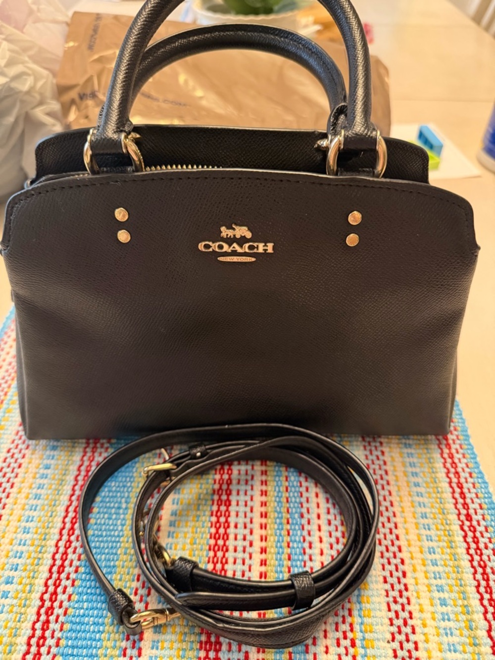 COACH Mini Lillie Carryall Black Pebble Leather Satchel Top Handle bag (91146)